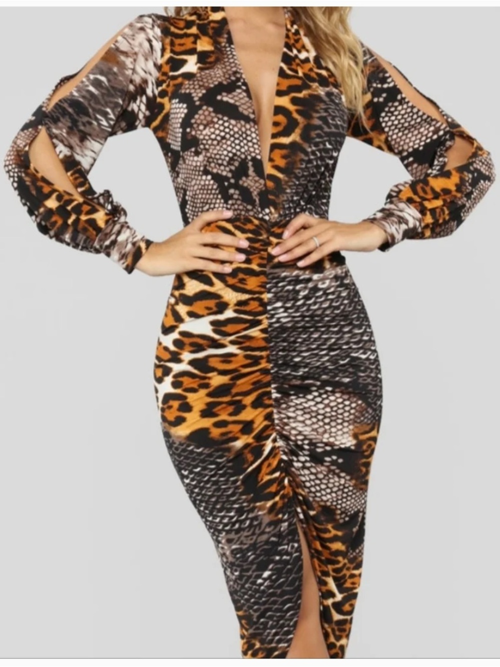 Animal Print Bodycon Midi Dress with Plunge V-Neck